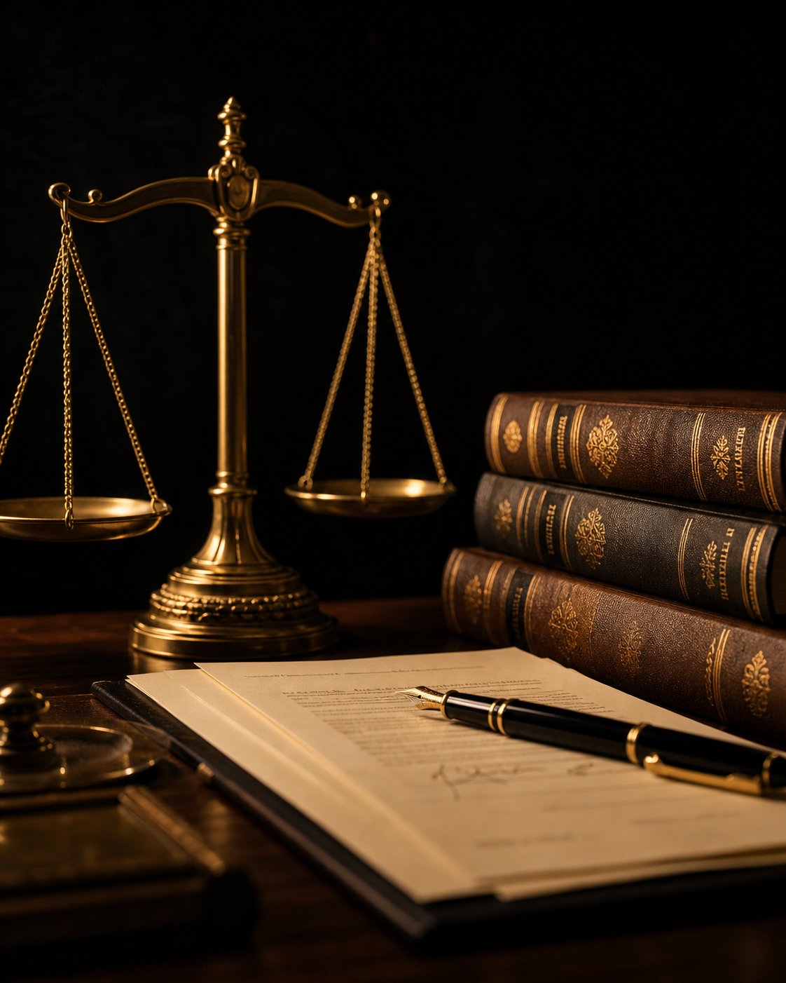 Mesa de trabalho do escritório Bastos & Corrêa com balança da justiça e livros jurídicos